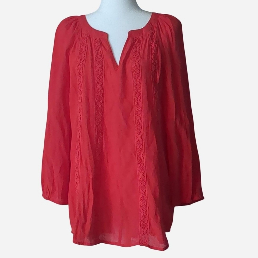 NYCC Red Boho Peasant Blouse | Romantic Lace Trim Long Sleeve Tunic Size L